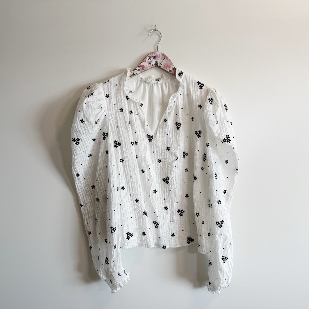 THML White Black Flowers Puff Sleeve Blouse Top Small Floral